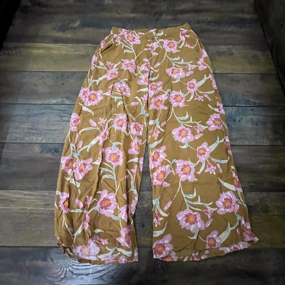 Roxy Wide Leg Floral Pants Brown Pink Lily Print Elastic Waist Pockets Boho M